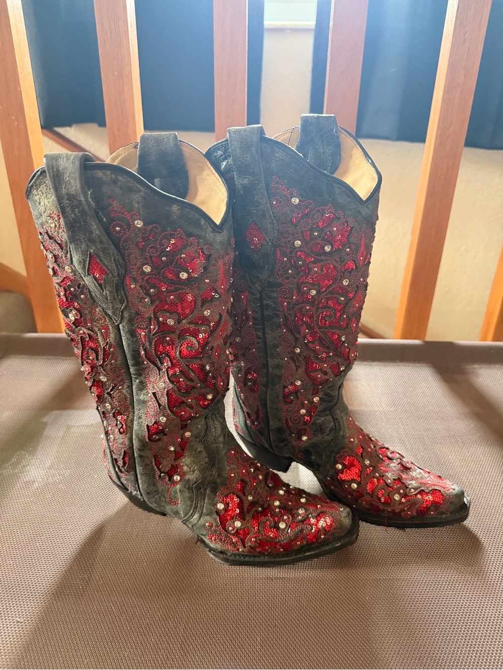 Corral Black Boots with Red Sequin Embroidery - Women's Lace Up Western Boots